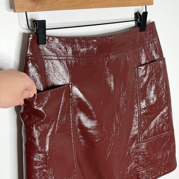 Anthropologie Maeve Skirt Faux Patient Leather Womens 4 Brown Pockets Mini - Picture 4 of 11